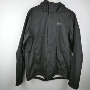 REI Mens Jacket Medium Black Rainer Peak 2.5L Waterproof Hooded Velcr* Hiking